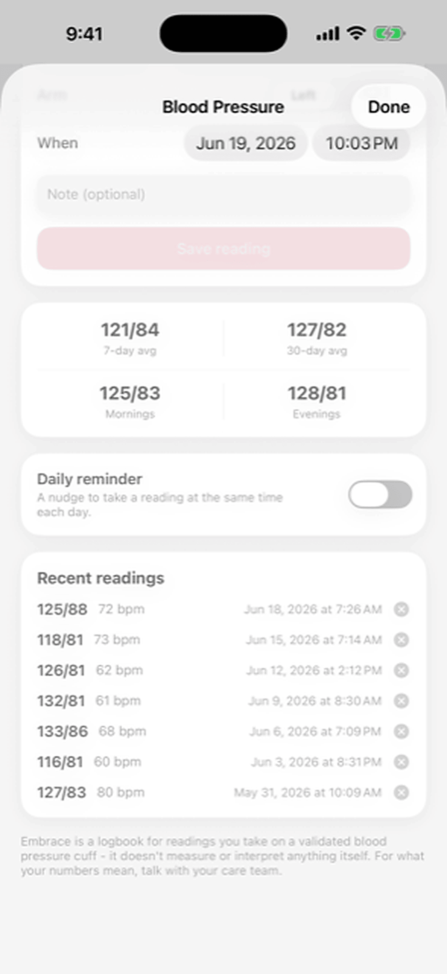 Morning and evening averages, with every reading kept