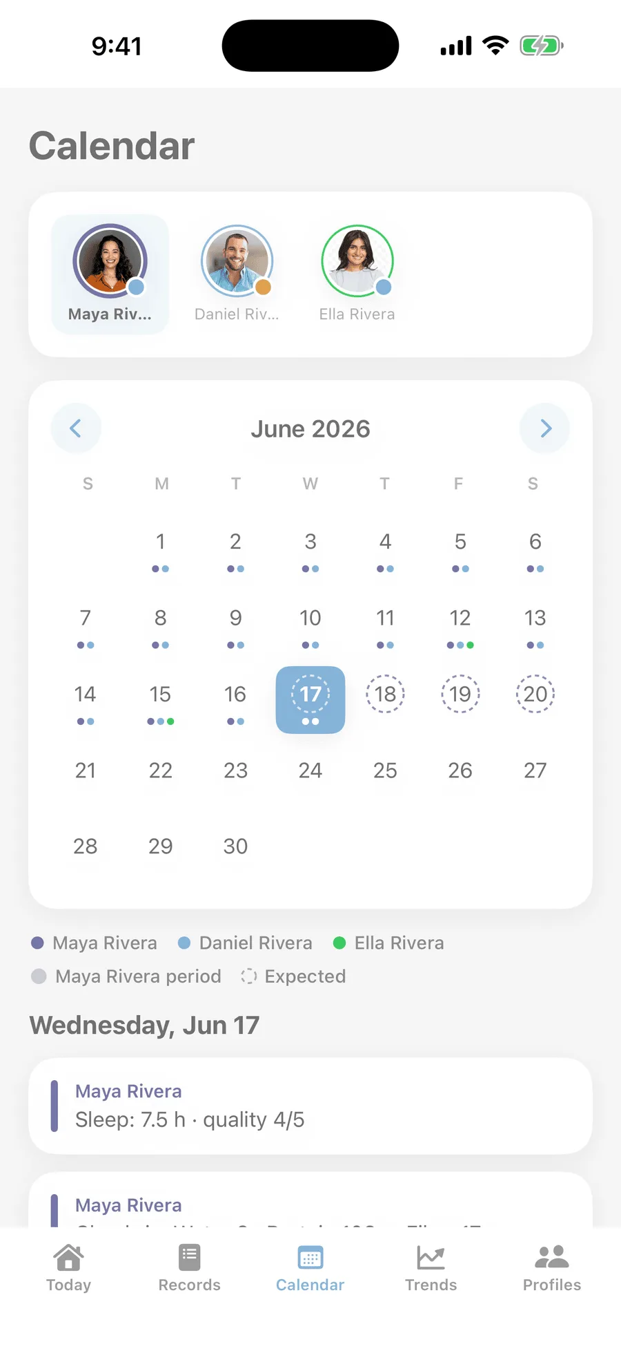The Calendar screen