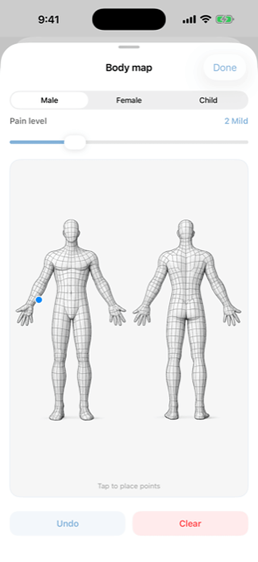 Point to exactly where it hurts on a front and back body map