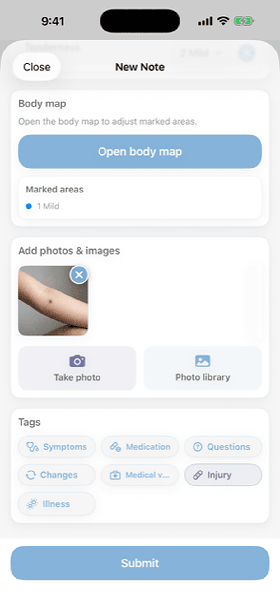 A photo, a tag and a symptom, all kept on one entry
