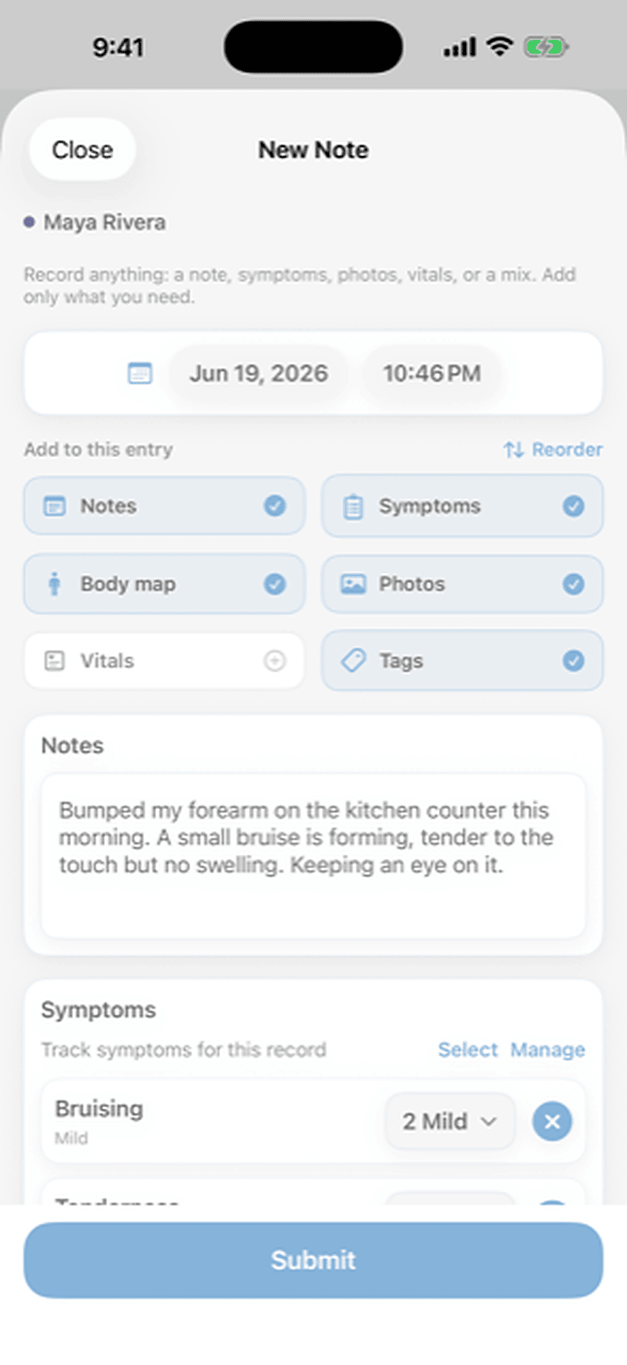 Embrace Notes, symptoms and body map