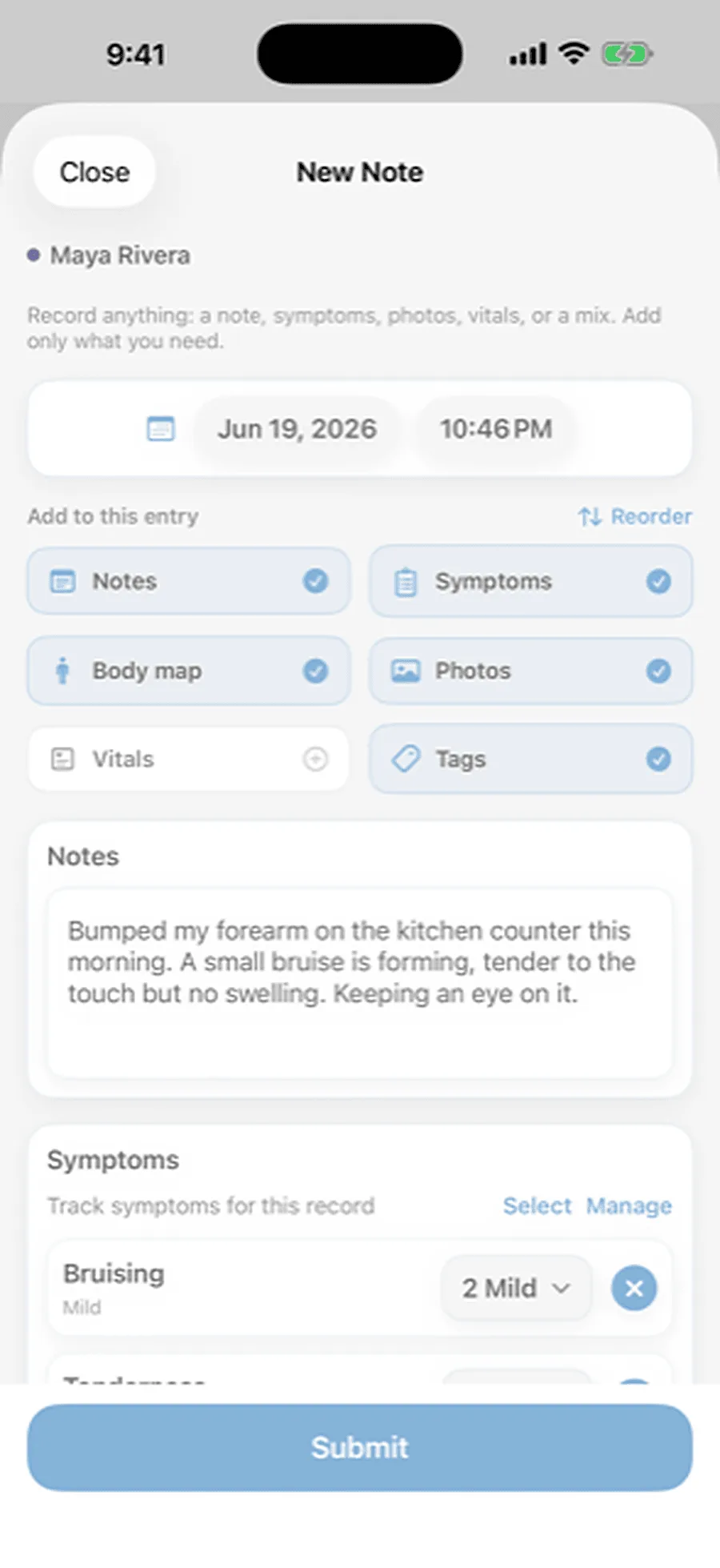 A new entry with a note, symptoms and a body map