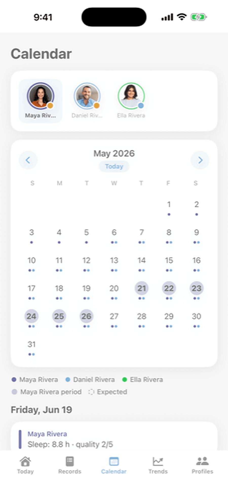 Period days and predictions on the calendar