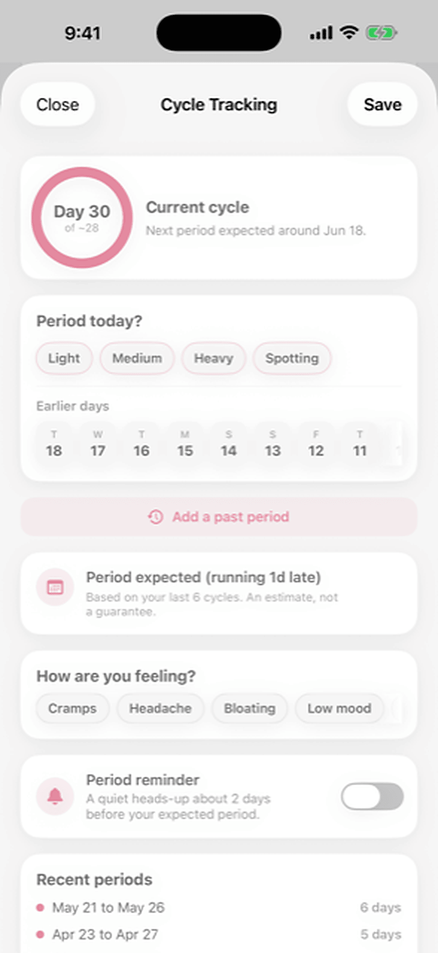 Embrace Cycle tracking