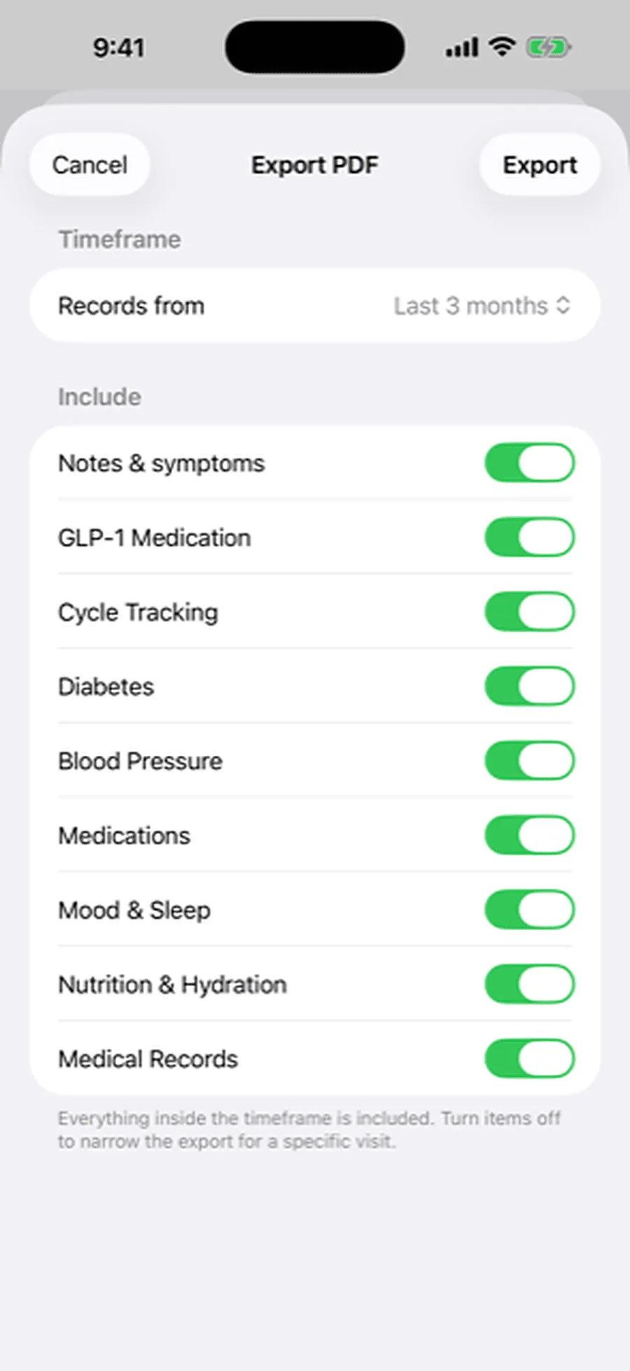 The Embrace PDF export screen, choosing the dates and records to include for a doctor