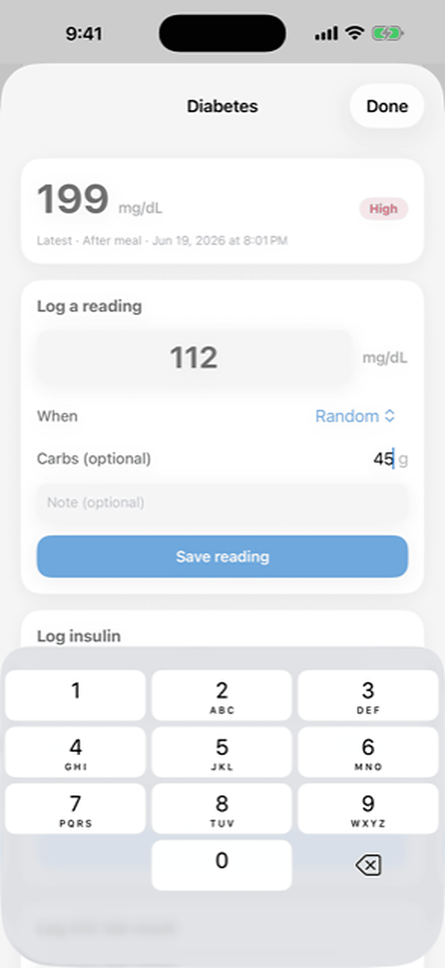 Log glucose, insulin and A1C, each with context