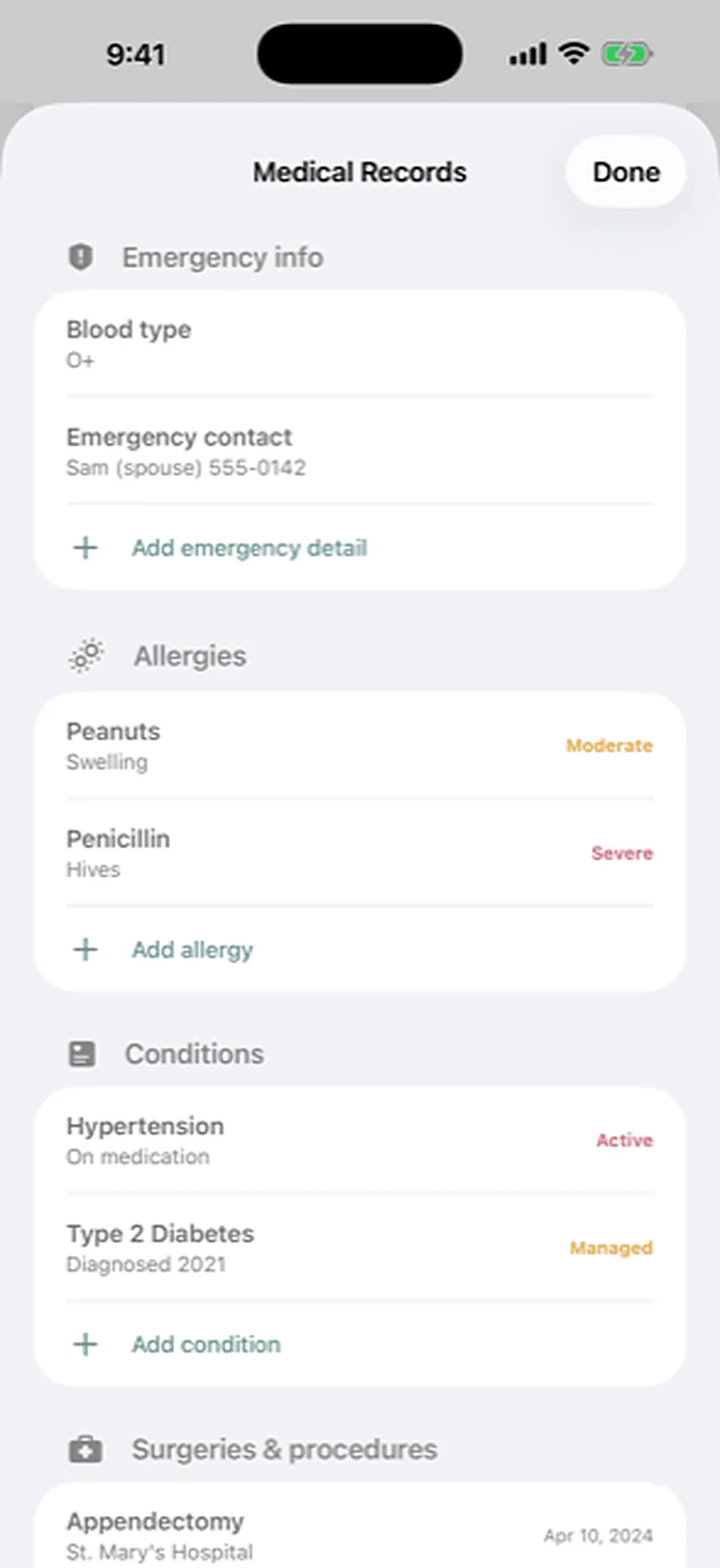 Embrace medical records for one person, with emergency information, allergies, conditions and surgeries