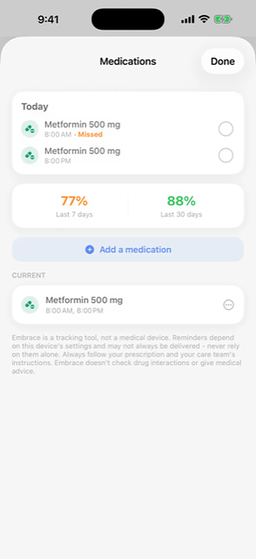 The Embrace medication screen for one person, with the day's doses