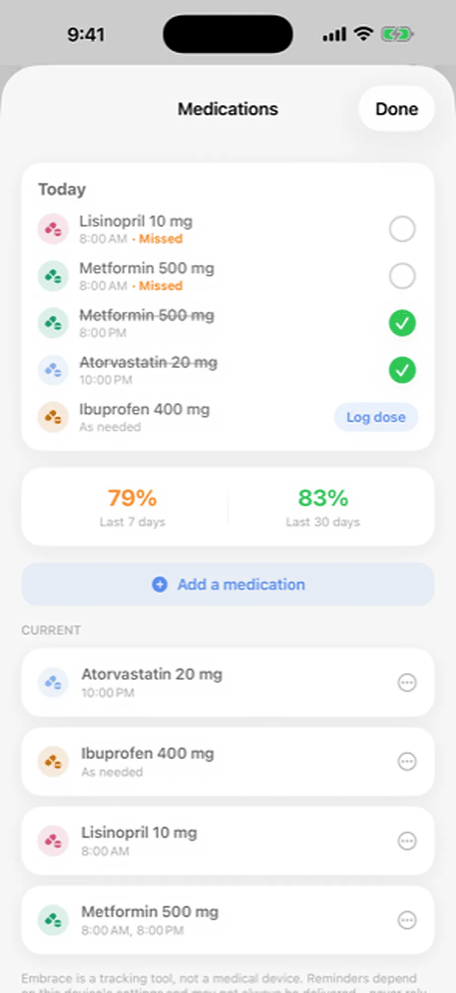 The Embrace medication list for one person, with today's doses checked off and missed doses marked