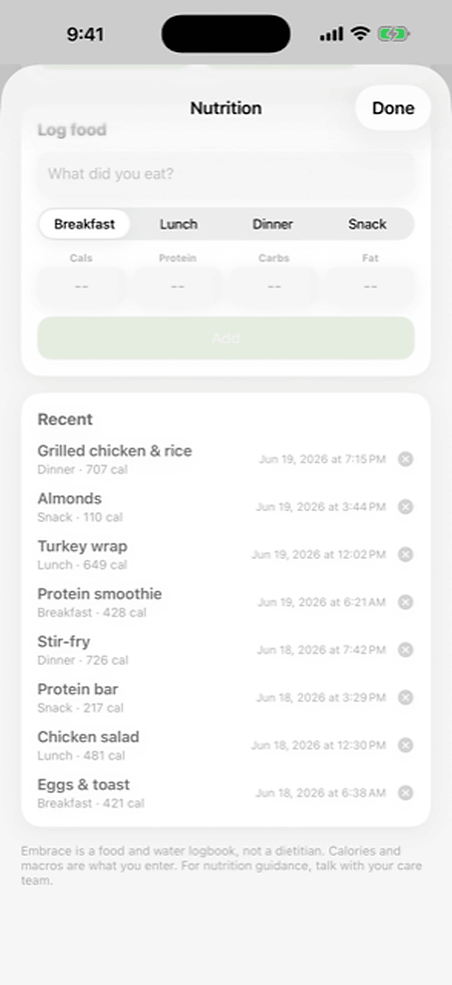 A simple running log of what you ate, with the totals