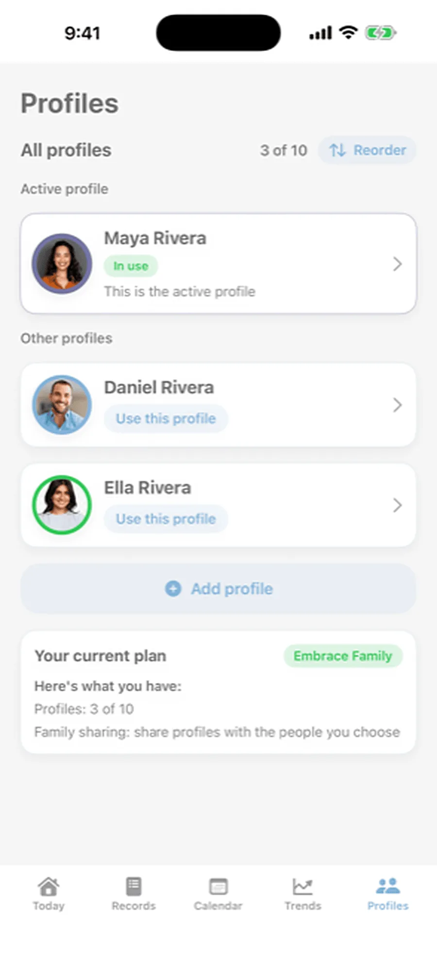 The family profiles screen