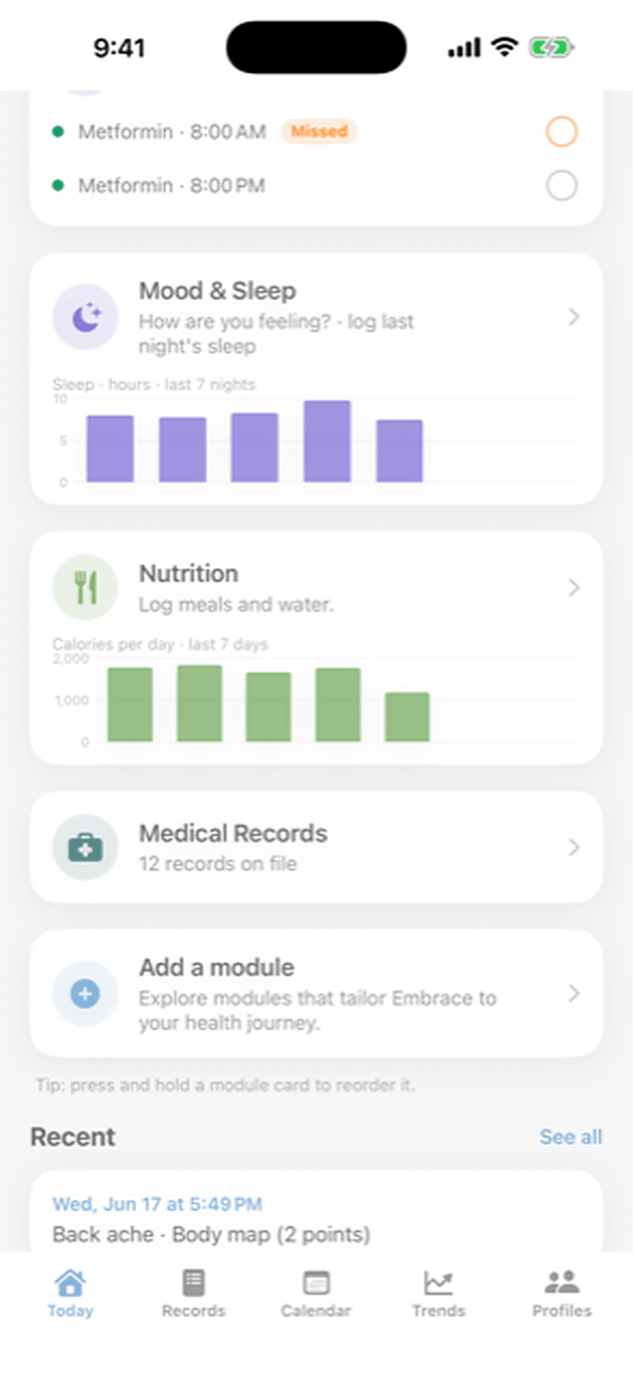 Daily water and meals on your Today screen